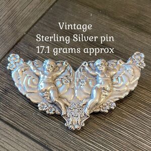 Sterling Silver Art Nouveau Cherub Brooch Double Cupids Angels Repousse Style